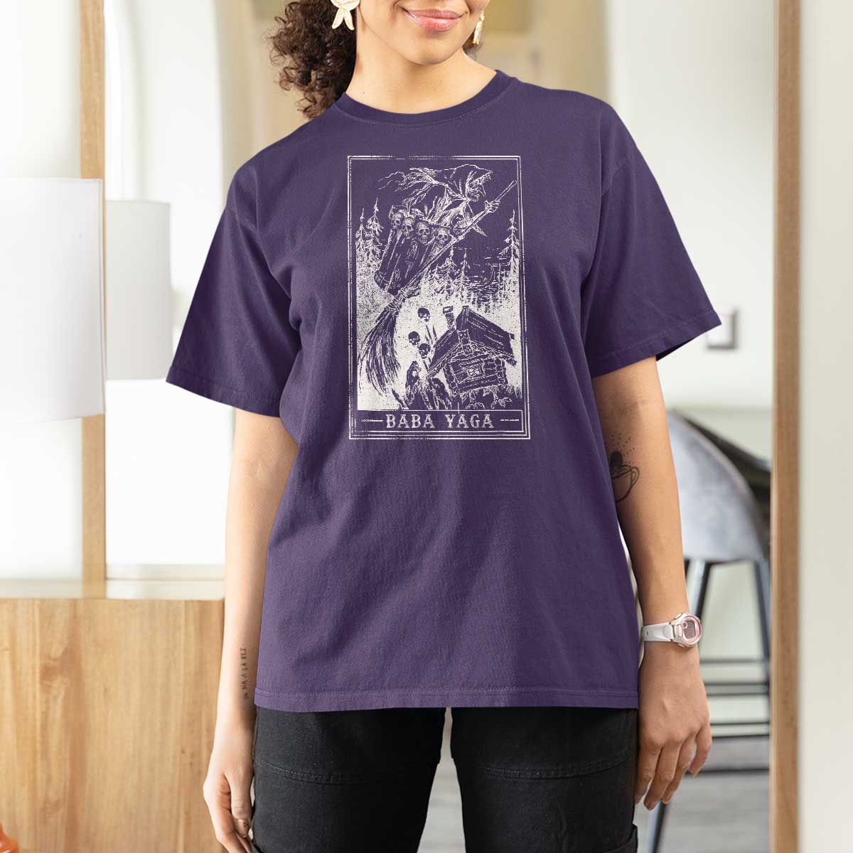 Baba Yaga House Tarot Card T Shirt For Women Botanical Slavic Folklore Pagan Witchy - Wonder Print Shop