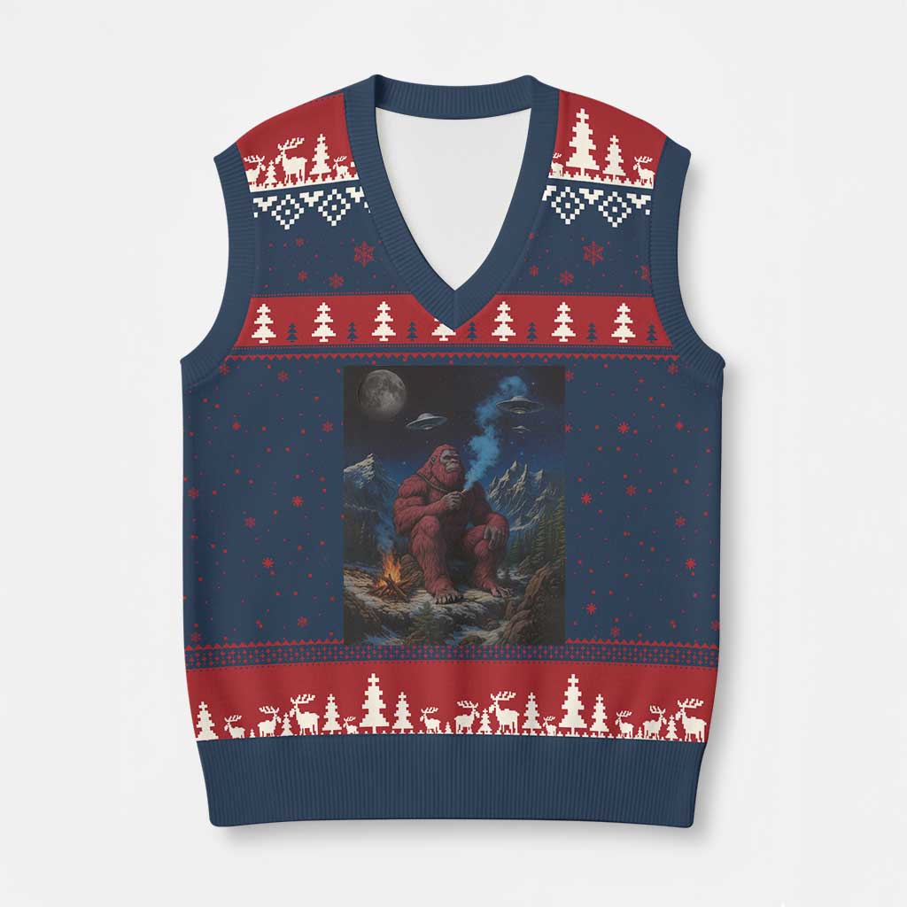 Funny Smoking Bigfoot V-Neck Knit Sweater Vest Vintage Cigarette Sasquatch UFO Cryptid Meme - Wonder Print Shop
