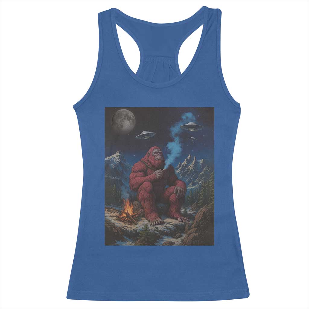 Funny Smoking Bigfoot Racerback Tank Top Vintage Cigarette Sasquatch UFO Cryptid Meme - Wonder Print Shop