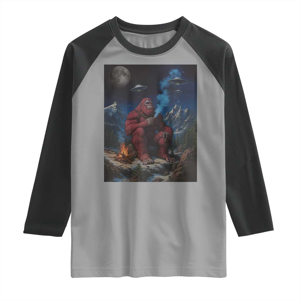 Funny Smoking Bigfoot Raglan Shirt Vintage Cigarette Sasquatch UFO Cryptid Meme - Wonder Print Shop