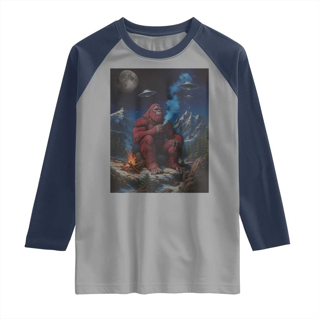 Funny Smoking Bigfoot Raglan Shirt Vintage Cigarette Sasquatch UFO Cryptid Meme - Wonder Print Shop
