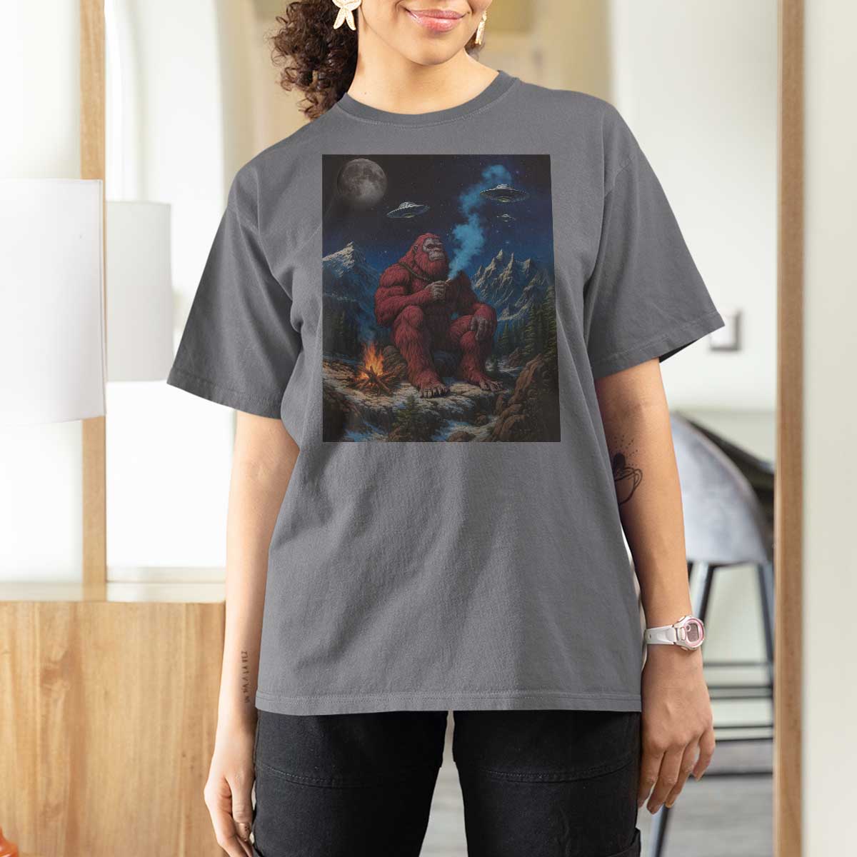 Funny Smoking Bigfoot T Shirt For Women Vintage Cigarette Sasquatch UFO Cryptid Meme - Wonder Print Shop