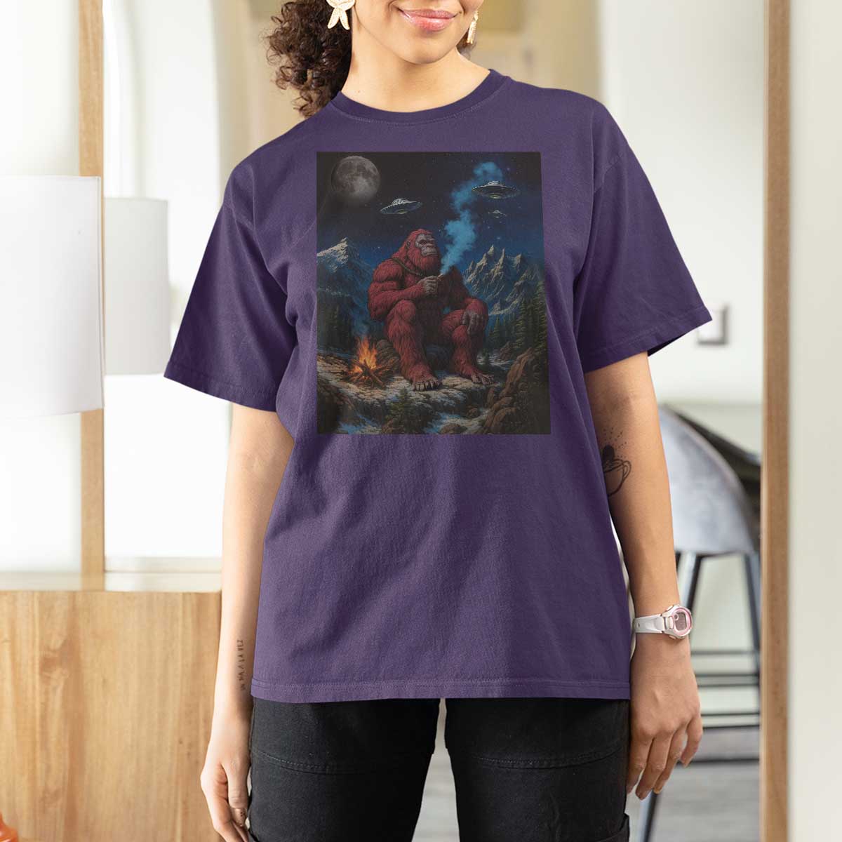 Funny Smoking Bigfoot T Shirt For Women Vintage Cigarette Sasquatch UFO Cryptid Meme - Wonder Print Shop