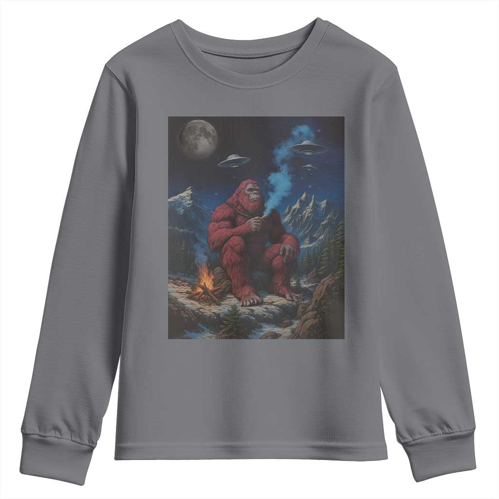 Funny Smoking Bigfoot Youth Sweatshirt Vintage Cigarette Sasquatch UFO Cryptid Meme - Wonder Print Shop