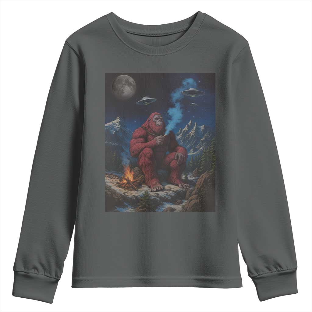 Funny Smoking Bigfoot Youth Sweatshirt Vintage Cigarette Sasquatch UFO Cryptid Meme - Wonder Print Shop