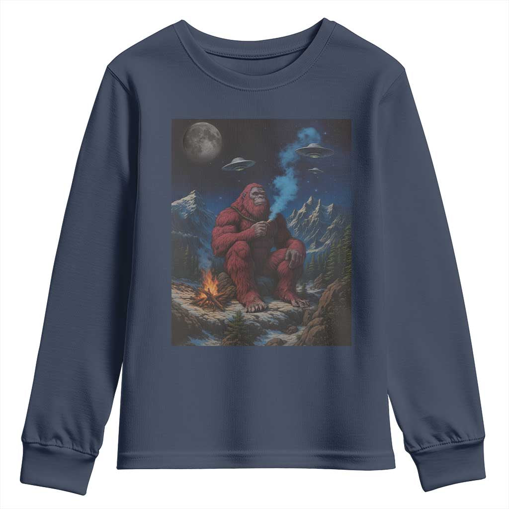 Funny Smoking Bigfoot Youth Sweatshirt Vintage Cigarette Sasquatch UFO Cryptid Meme - Wonder Print Shop