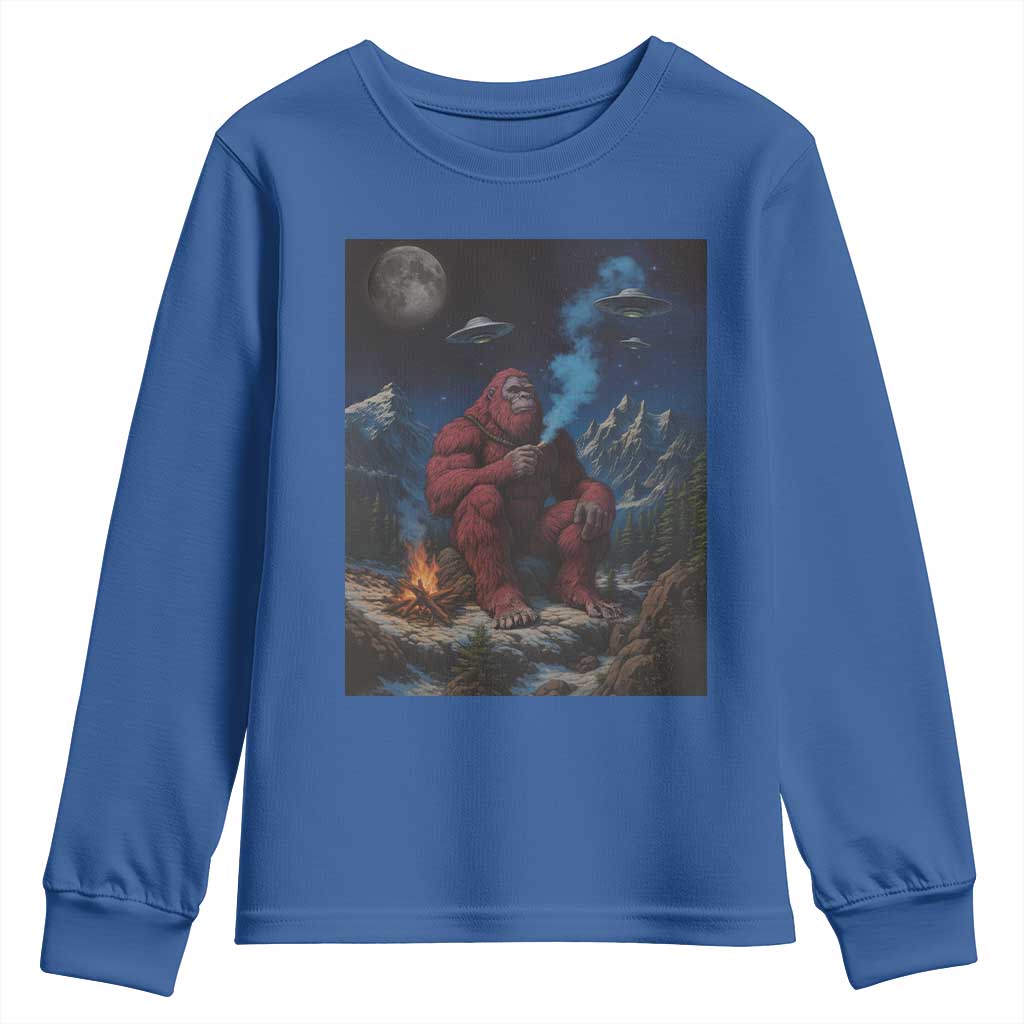 Funny Smoking Bigfoot Youth Sweatshirt Vintage Cigarette Sasquatch UFO Cryptid Meme - Wonder Print Shop