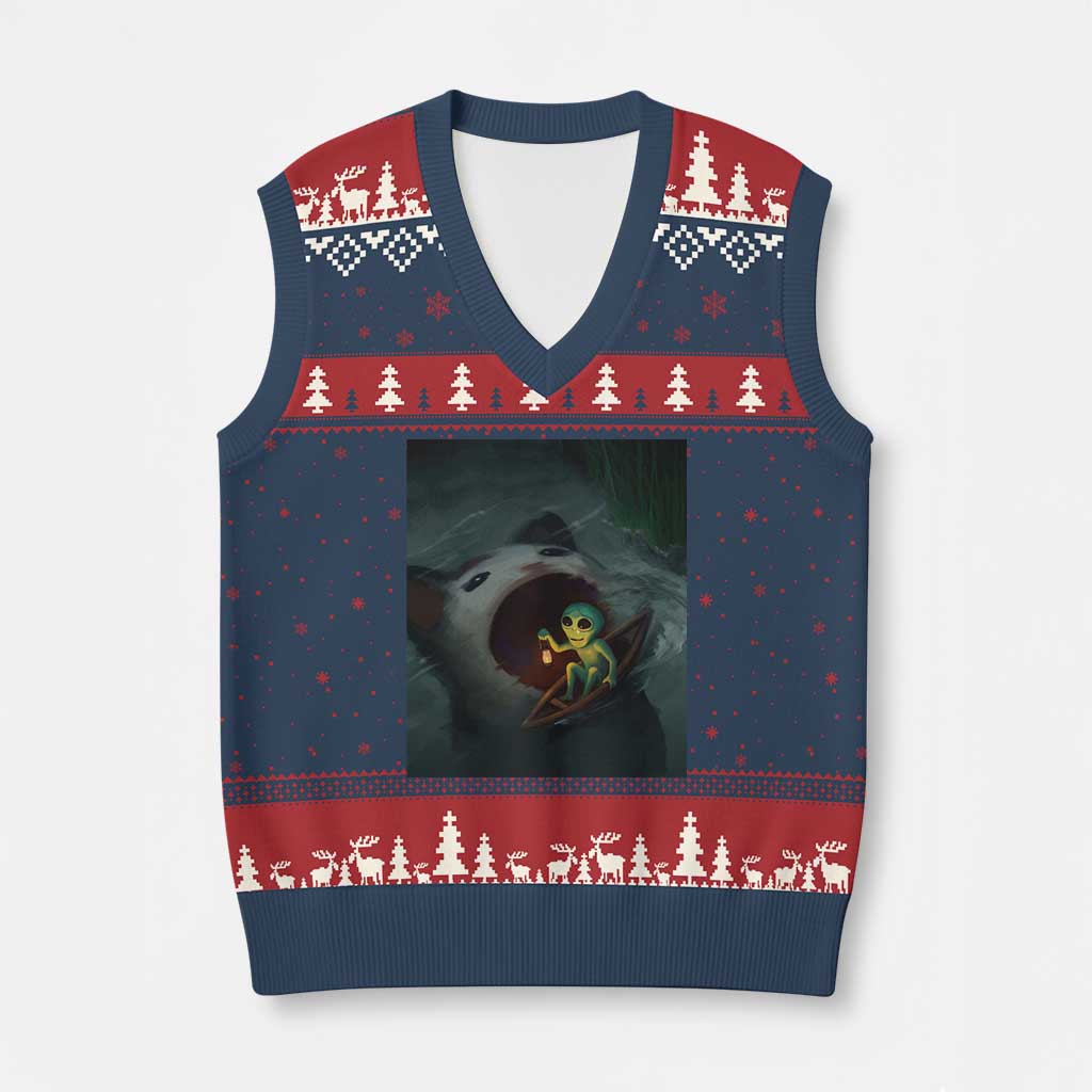 Funny Alien Cat Meme V-Neck Knit Sweater Vest Weird Silly - Wonder Print Shop