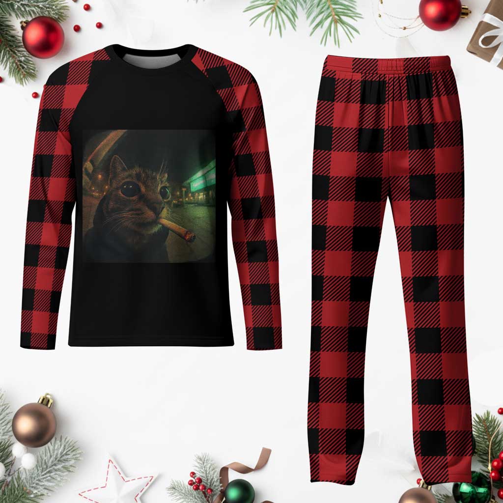 Funny Smoking Cat Plaid Pajama Set Retro 90s Grunge Cat Selfie Streetwear Meme - Wonder Print Shop