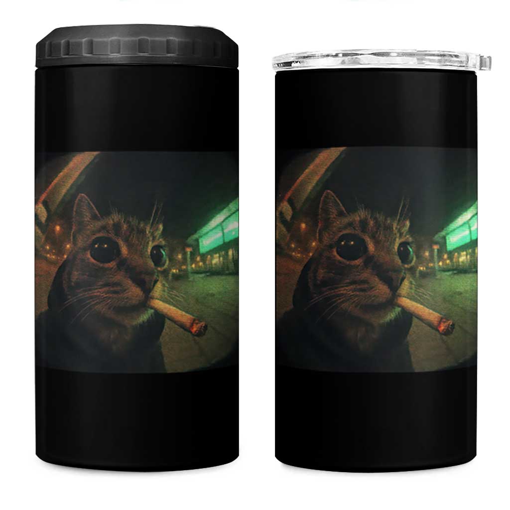 Funny Smoking Cat 4 in 1 Can Cooler Tumbler Retro 90s Grunge Cat Selfie Streetwear Meme - Wonder Print Shop
