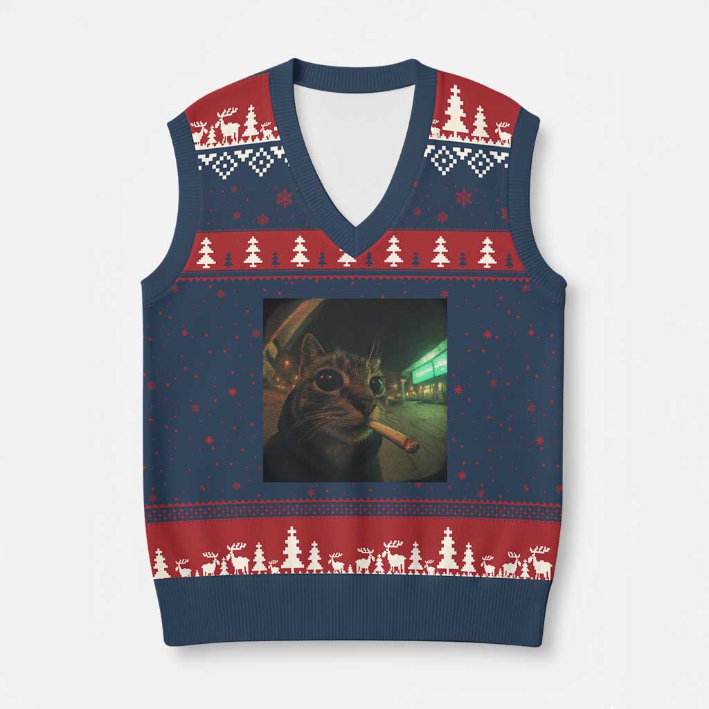 Funny Smoking Cat V-Neck Knit Sweater Vest Retro 90s Grunge Cat Selfie Streetwear Meme - Wonder Print Shop