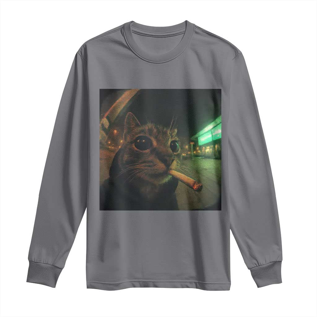 Funny Smoking Cat Long Sleeve Shirt Retro 90s Grunge Cat Selfie Streetwear Meme - Wonder Print Shop