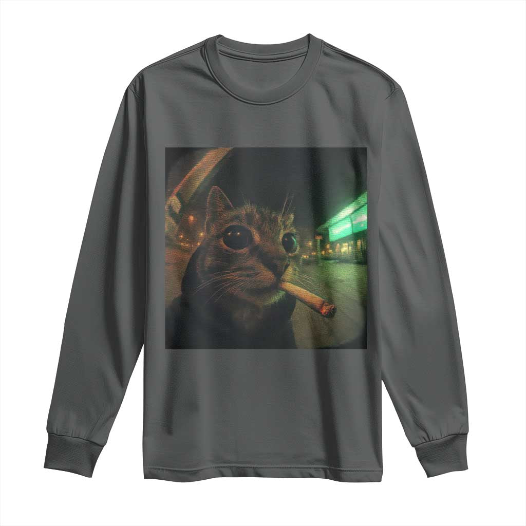 Funny Smoking Cat Long Sleeve Shirt Retro 90s Grunge Cat Selfie Streetwear Meme - Wonder Print Shop