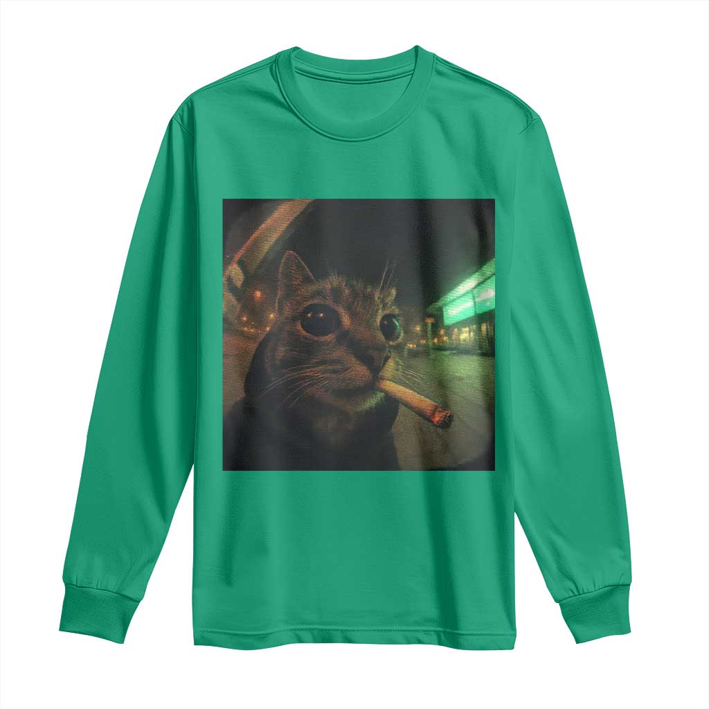 Funny Smoking Cat Long Sleeve Shirt Retro 90s Grunge Cat Selfie Streetwear Meme - Wonder Print Shop