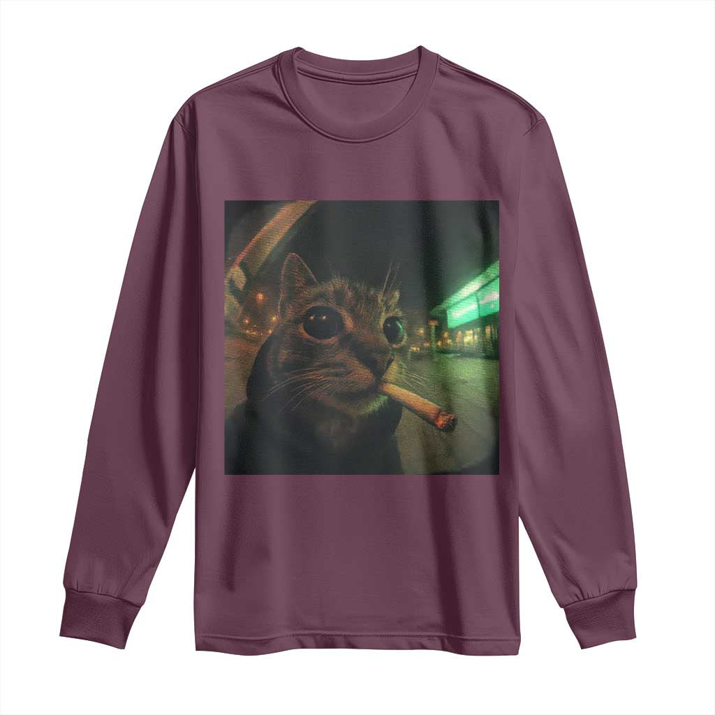 Funny Smoking Cat Long Sleeve Shirt Retro 90s Grunge Cat Selfie Streetwear Meme - Wonder Print Shop