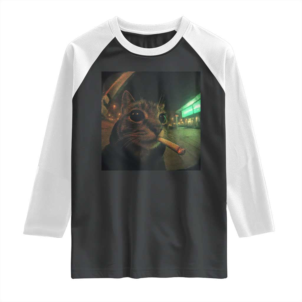 Funny Smoking Cat Raglan Shirt Retro 90s Grunge Cat Selfie Streetwear Meme - Wonder Print Shop