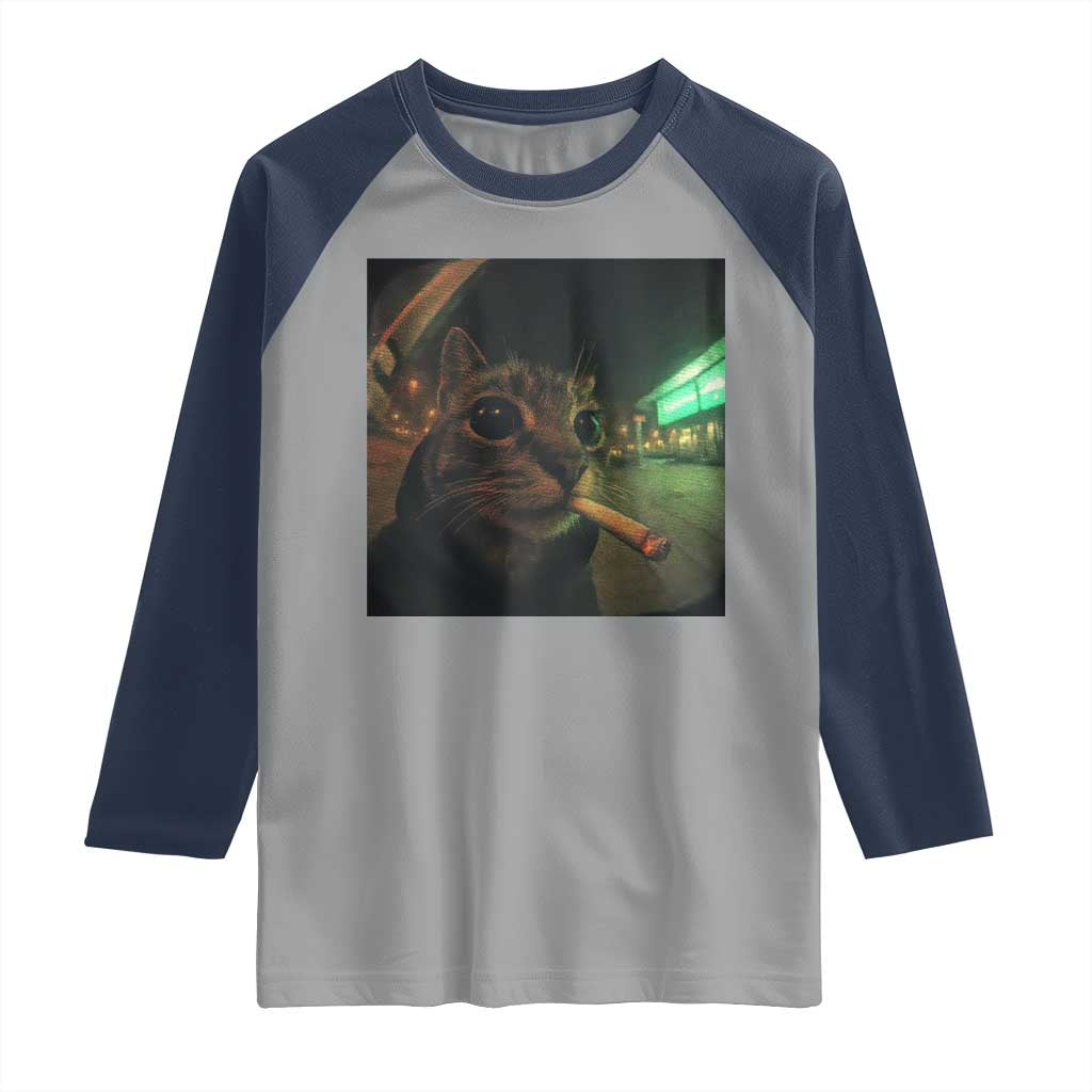 Funny Smoking Cat Raglan Shirt Retro 90s Grunge Cat Selfie Streetwear Meme - Wonder Print Shop