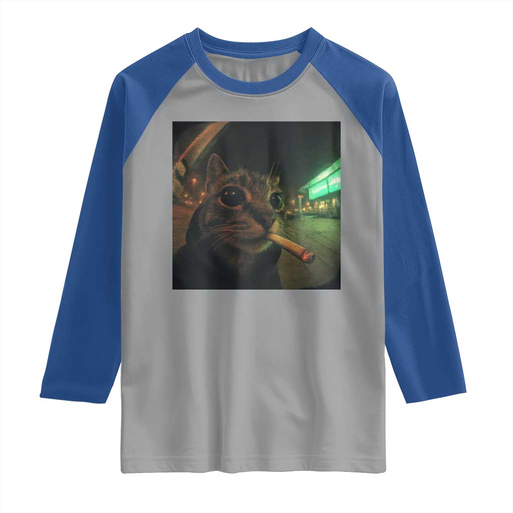 Funny Smoking Cat Raglan Shirt Retro 90s Grunge Cat Selfie Streetwear Meme - Wonder Print Shop