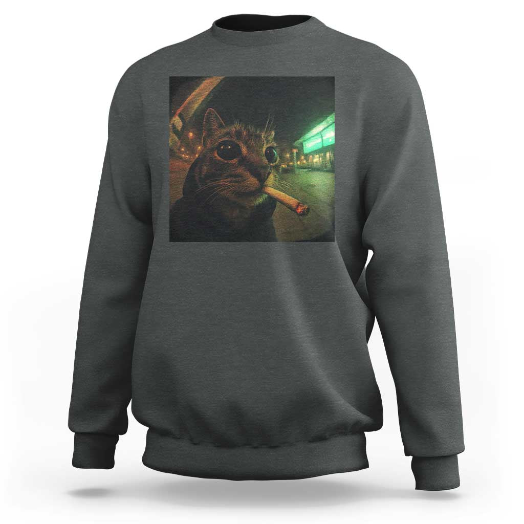 Funny Smoking Cat Sweatshirt Retro 90s Grunge Cat Selfie Streetwear Meme - Wonder Print Shop