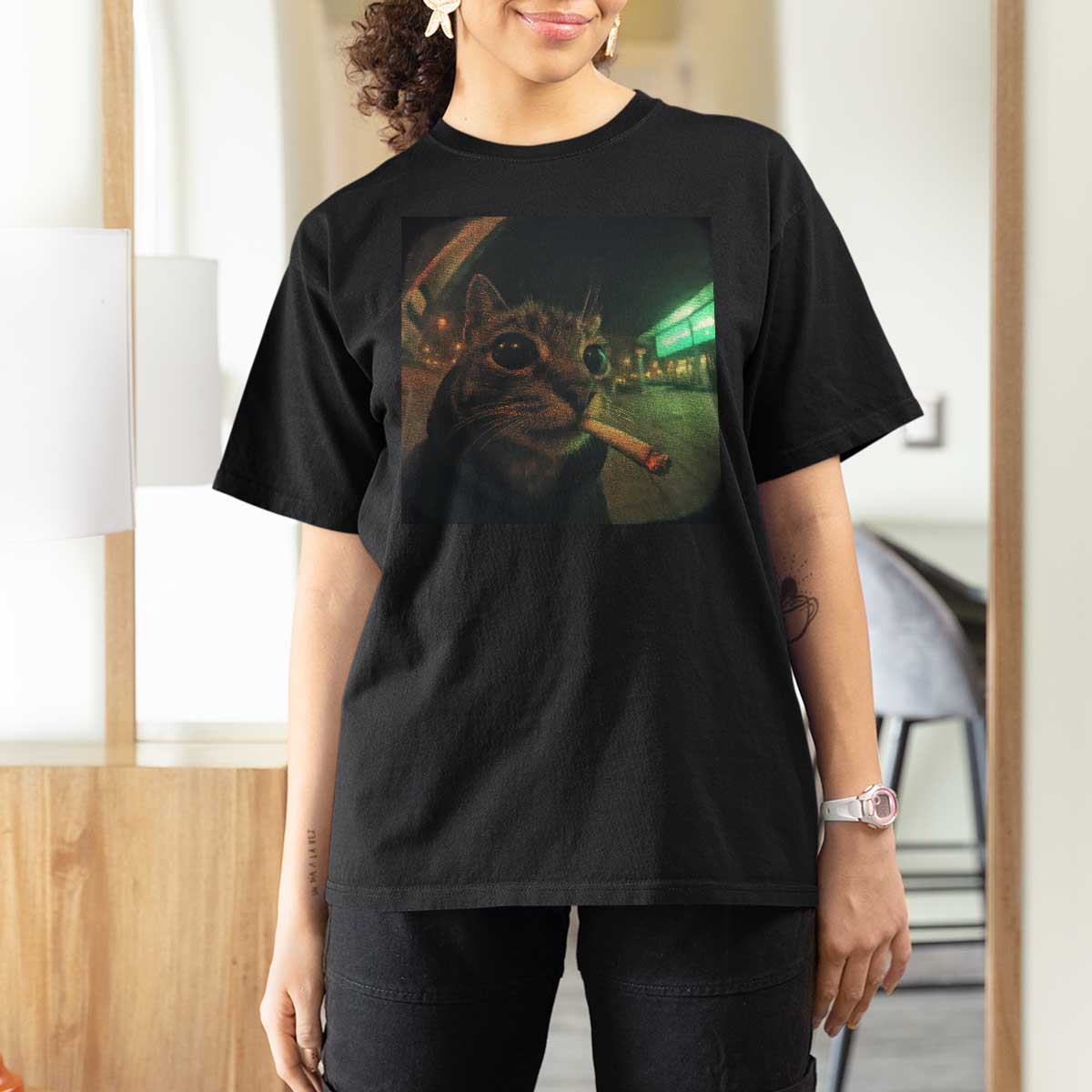 Funny Smoking Cat T Shirt For Women Retro 90s Grunge Cat Selfie Streetwear Meme - Wonder Print Shop