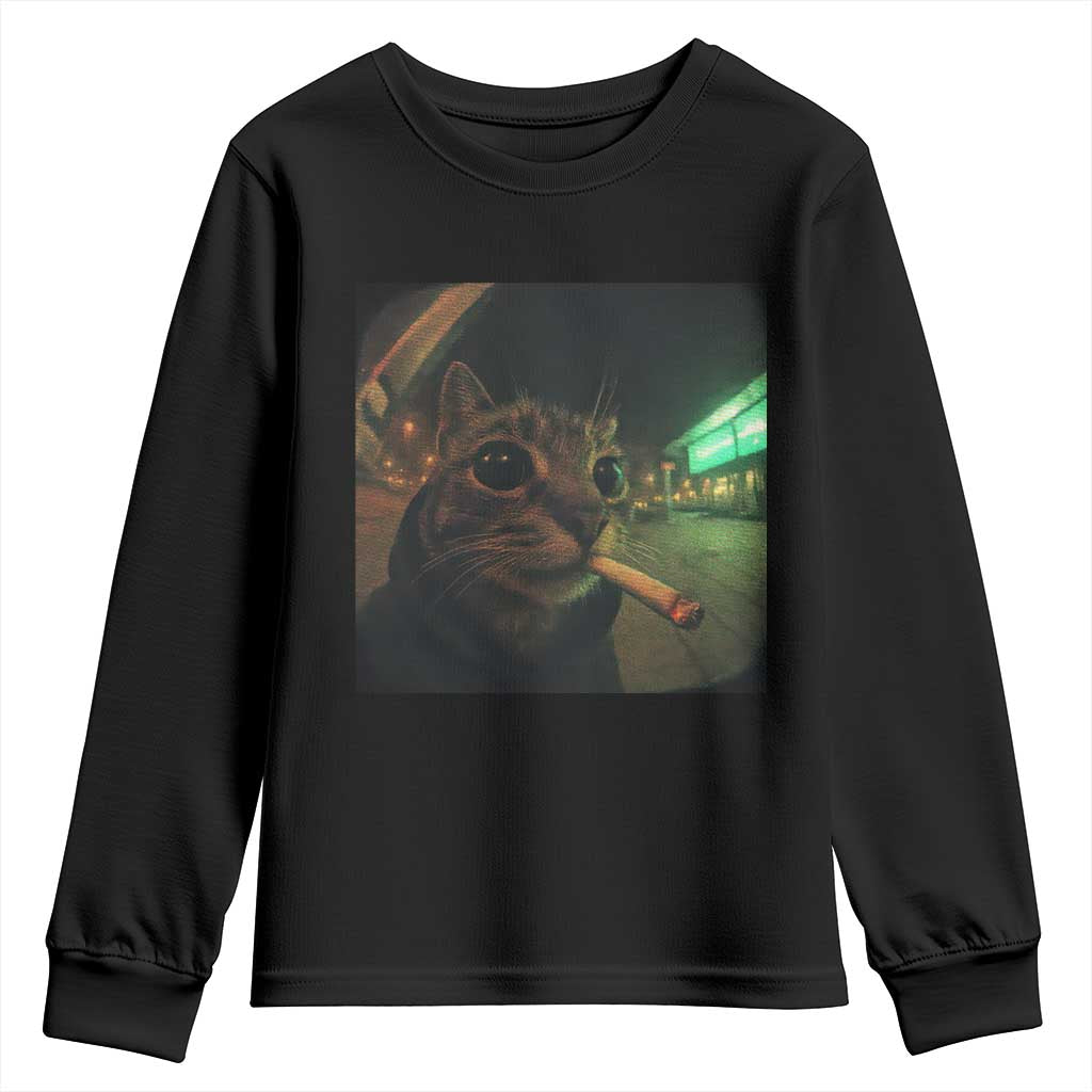 Funny Smoking Cat Youth Sweatshirt Retro 90s Grunge Cat Selfie Streetwear Meme - Wonder Print Shop
