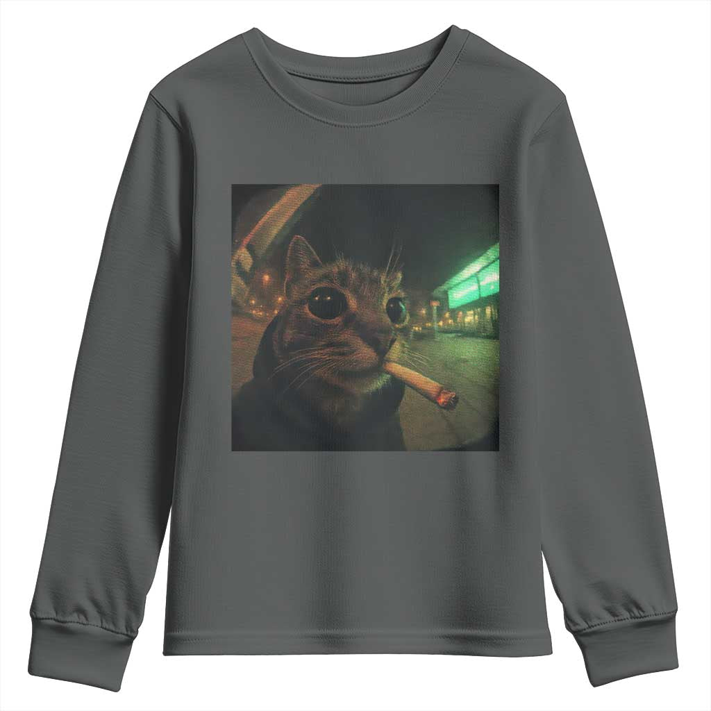 Funny Smoking Cat Youth Sweatshirt Retro 90s Grunge Cat Selfie Streetwear Meme - Wonder Print Shop