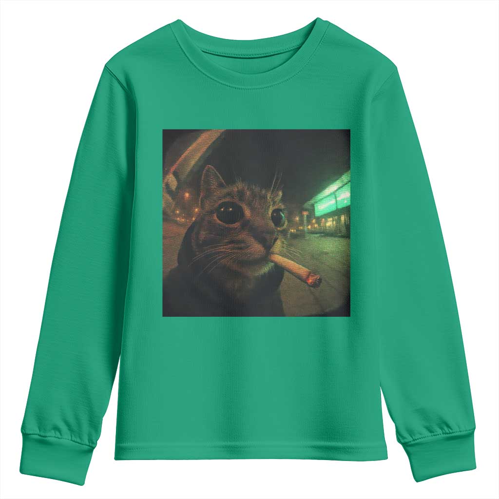 Funny Smoking Cat Youth Sweatshirt Retro 90s Grunge Cat Selfie Streetwear Meme - Wonder Print Shop