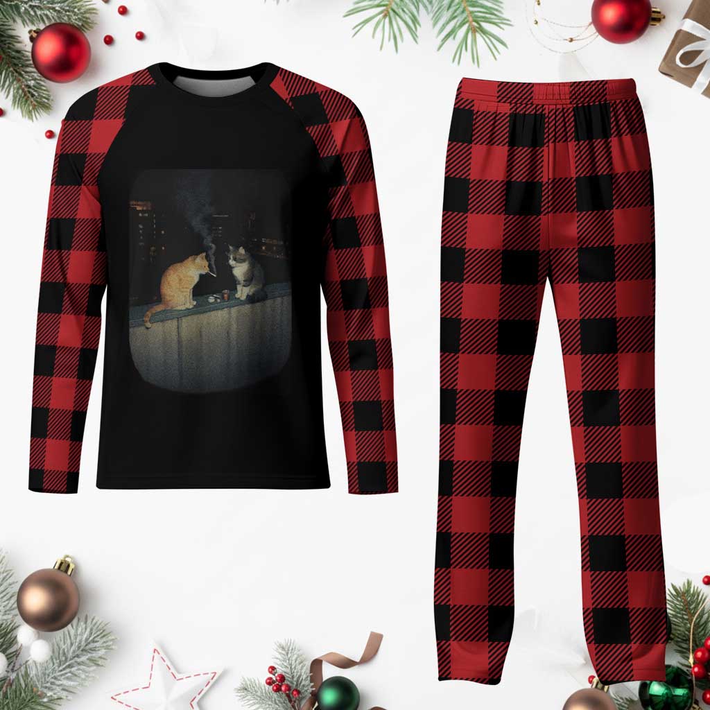 Funny Smoking Cat Plaid Pajama Set Retro 90s Grunge Kitty Streetwear Meme - Wonder Print Shop