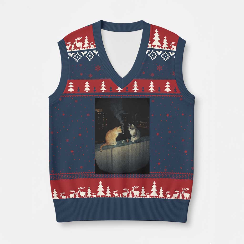 Funny Smoking Cat V-Neck Knit Sweater Vest Retro 90s Grunge Kitty Streetwear Meme - Wonder Print Shop