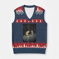 Funny Smoking Cat V-Neck Knit Sweater Vest Retro 90s Grunge Kitty Streetwear Meme - Wonder Print Shop