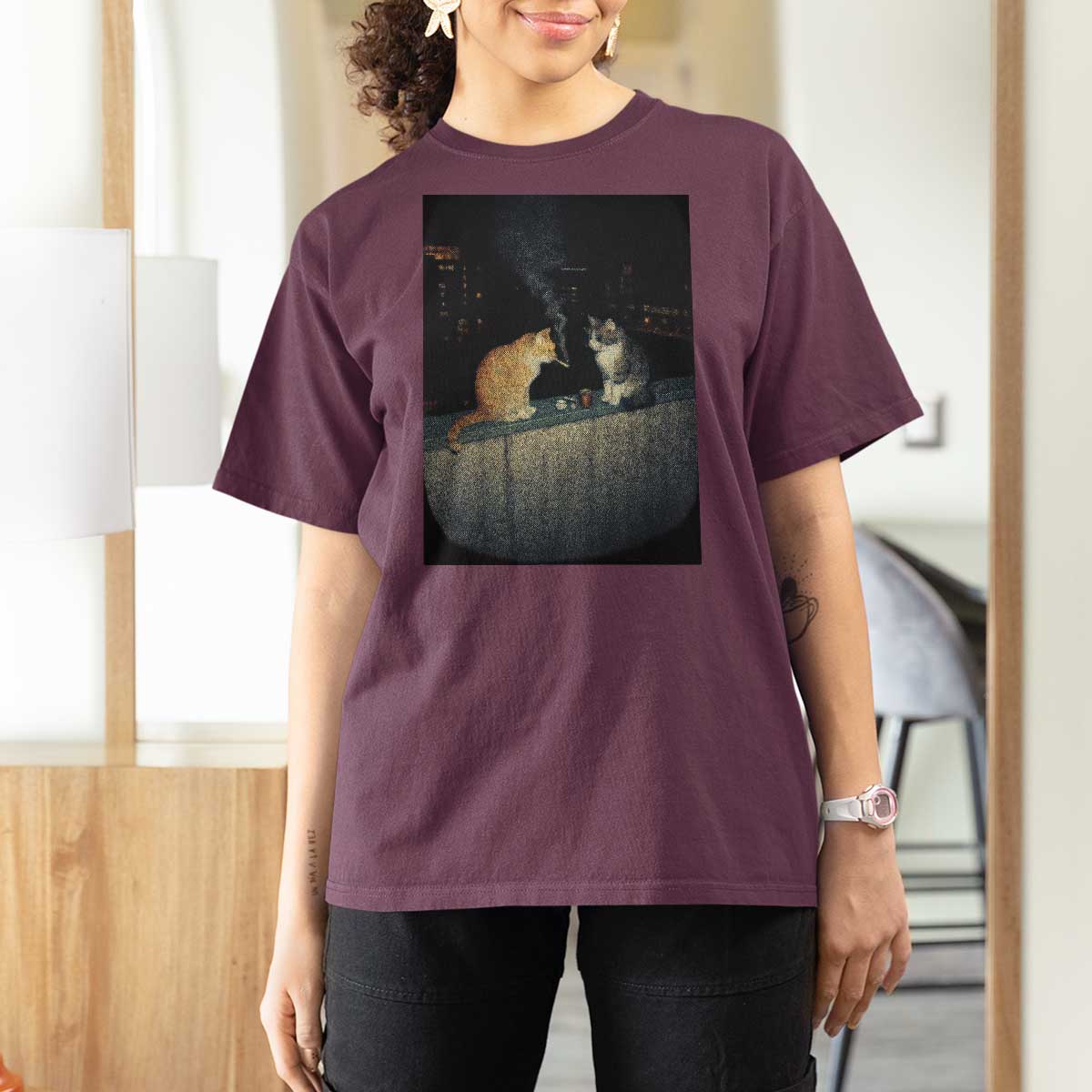 Funny Smoking Cat T Shirt For Women Retro 90s Grunge Kitty Streetwear Meme - Wonder Print Shop