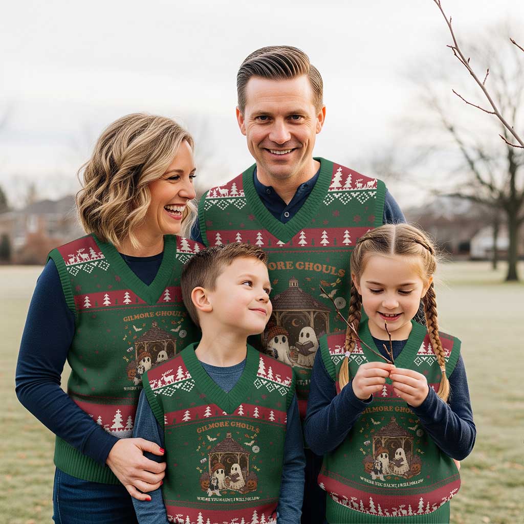 Gilmore Ghouls Halloween V-Neck Knit Sweater Vest Retro Book Lover Cute Ghost Fall Pumpkin - Wonder Print Shop