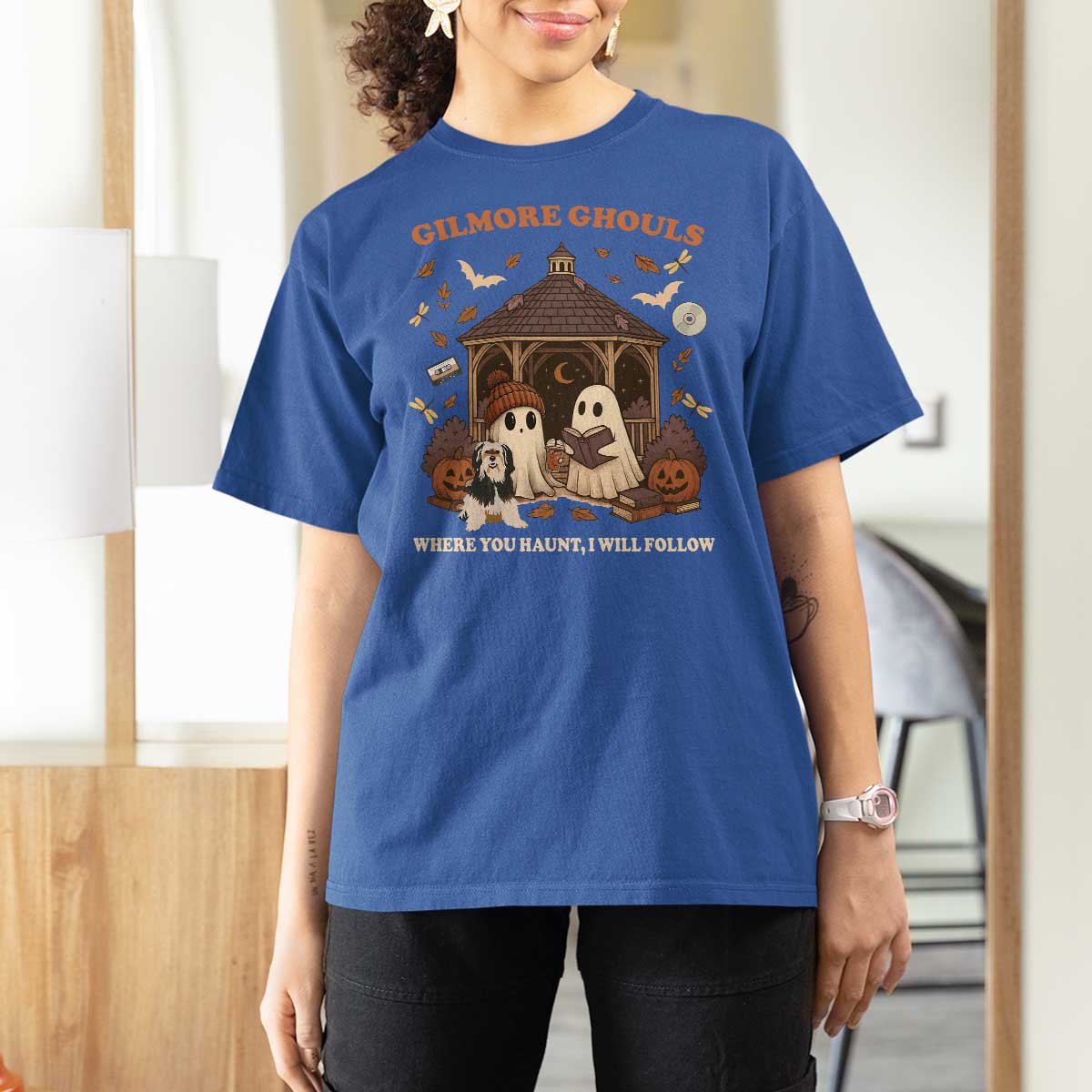 Gilmore Ghouls Halloween T Shirt For Women Retro Book Lover Cute Ghost Fall Pumpkin - Wonder Print Shop