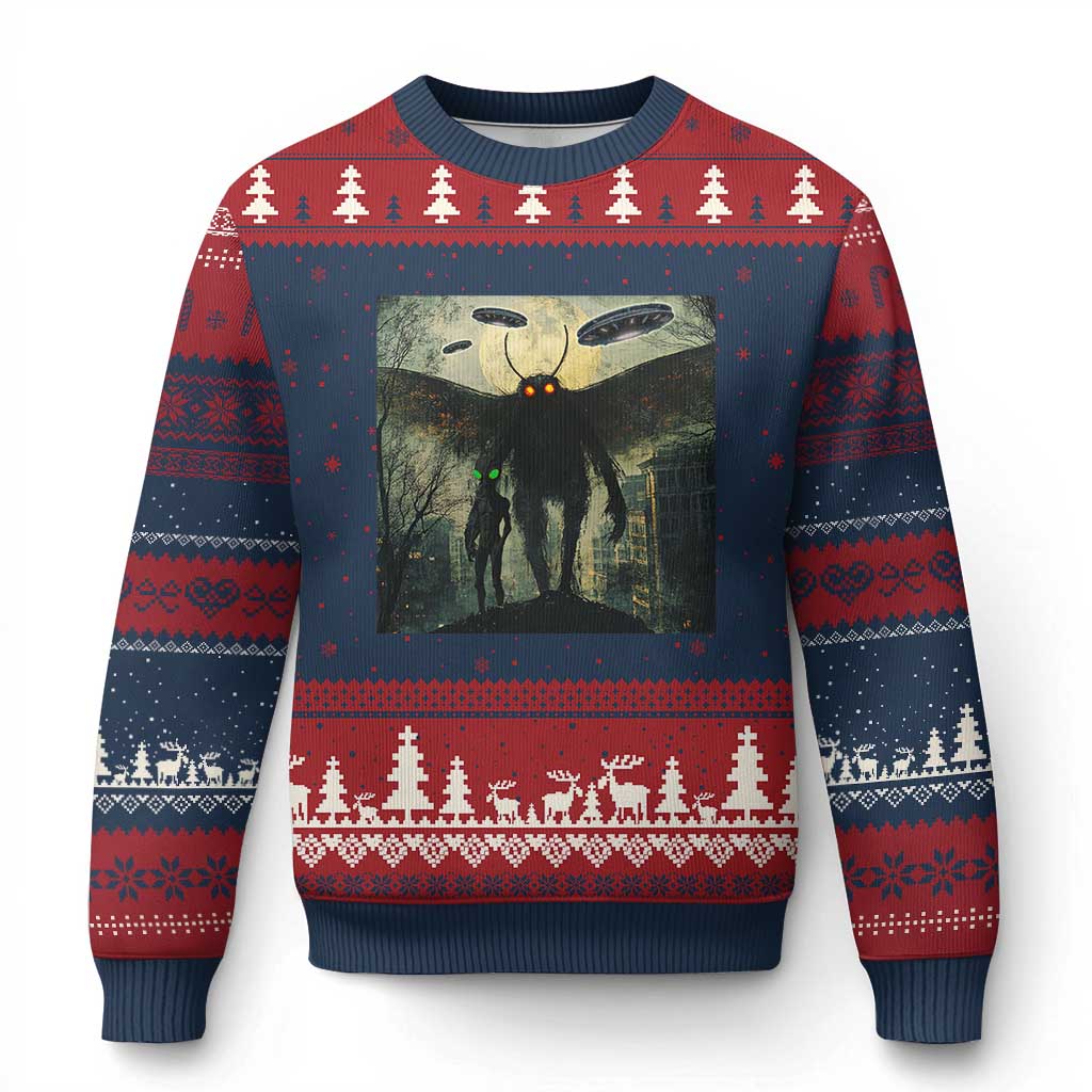 Mothman Aliens Ugly Christmas Sweater Funny Cryptid Alien UFO - Wonder Print Shop