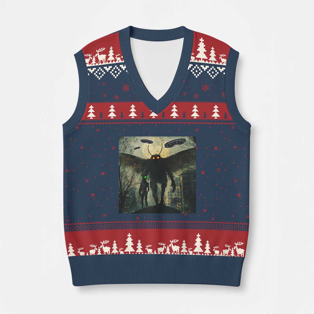Mothman Aliens V-Neck Knit Sweater Vest Funny Cryptid Alien UFO - Wonder Print Shop