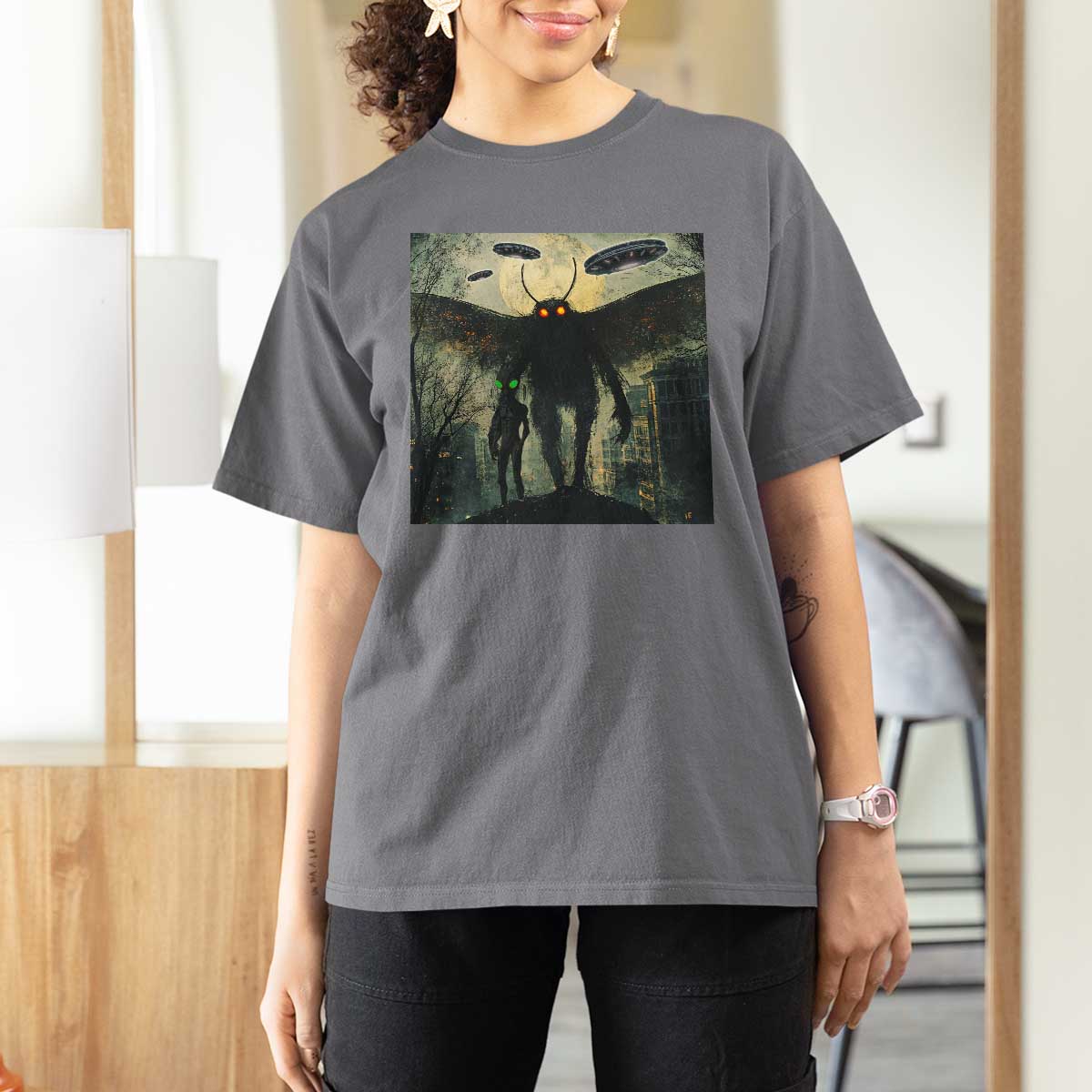 Mothman Aliens T Shirt For Women Funny Cryptid Alien UFO - Wonder Print Shop