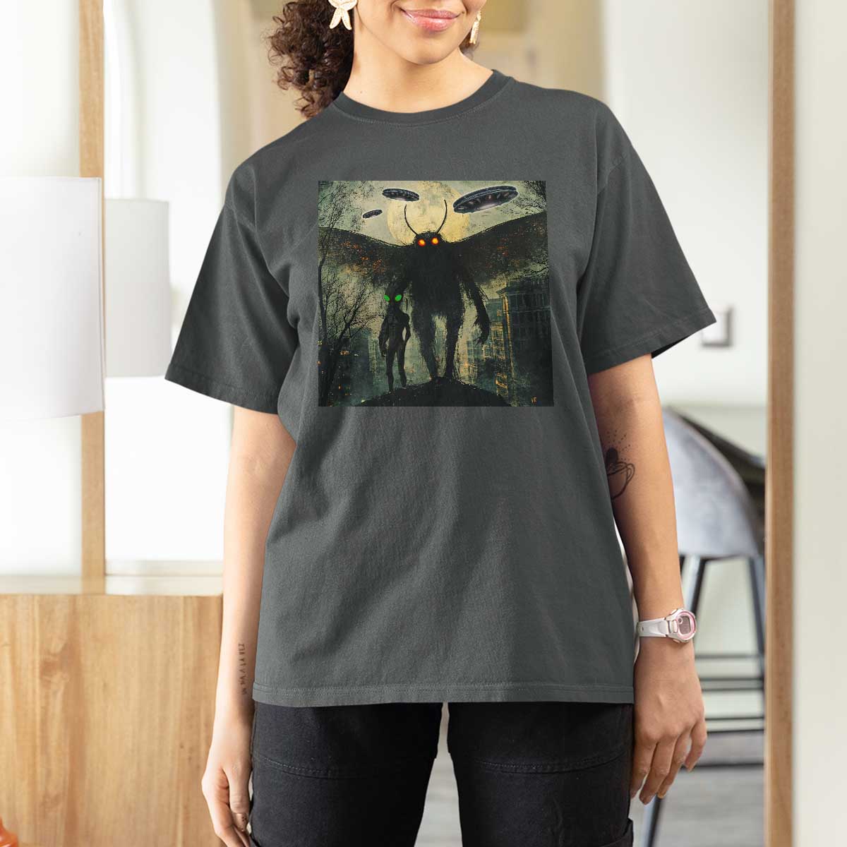Mothman Aliens T Shirt For Women Funny Cryptid Alien UFO - Wonder Print Shop