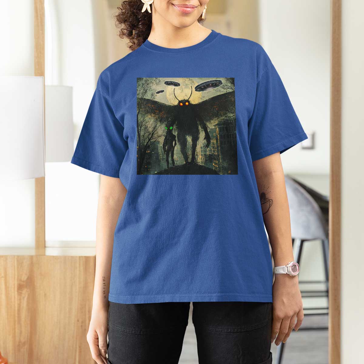 Mothman Aliens T Shirt For Women Funny Cryptid Alien UFO - Wonder Print Shop