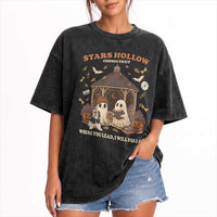 Halloween Stars Hollow Washed Cotton T-Shirt Retro Book Lover Cute Ghost Fall Pumpkin