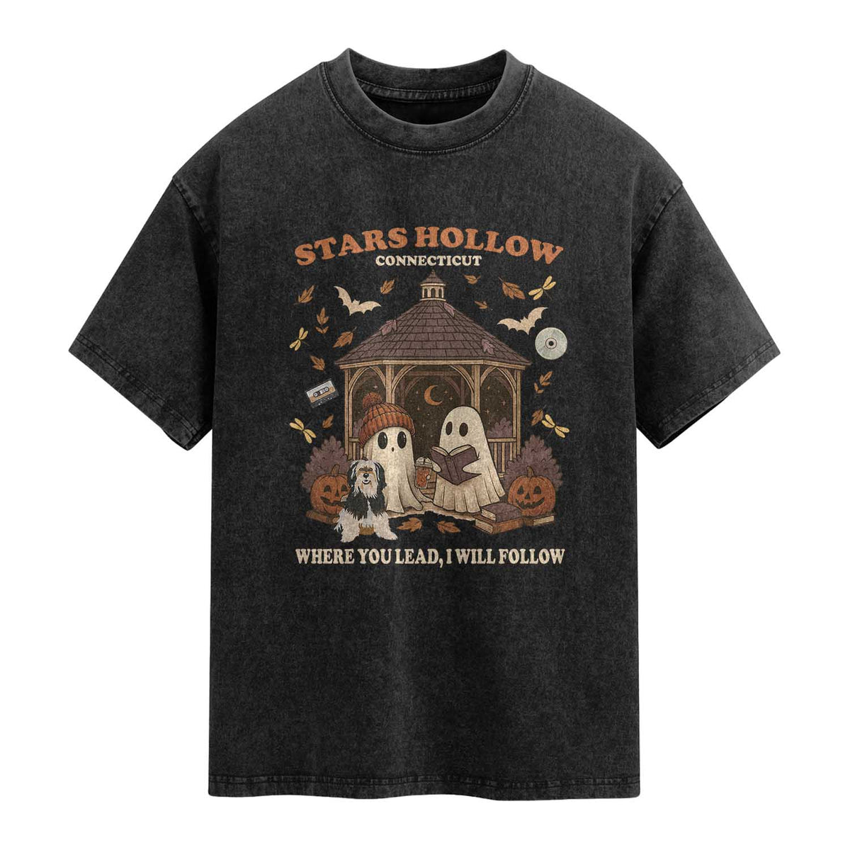 Halloween Stars Hollow Washed Cotton T-Shirt Retro Book Lover Cute Ghost Fall Pumpkin
