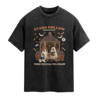 Halloween Stars Hollow Washed Cotton T-Shirt Retro Book Lover Cute Ghost Fall Pumpkin