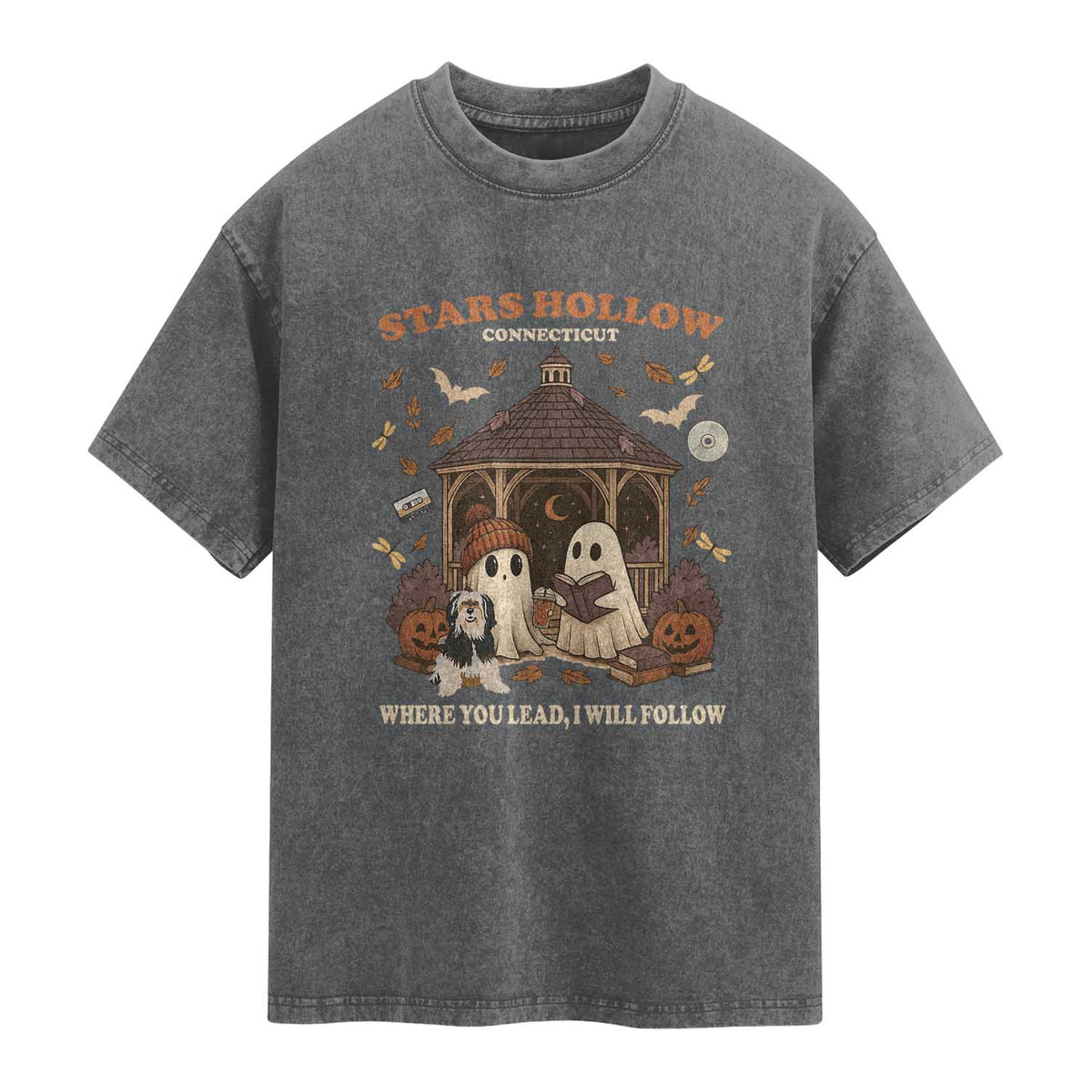 Halloween Stars Hollow Washed Cotton T-Shirt Retro Book Lover Cute Ghost Fall Pumpkin