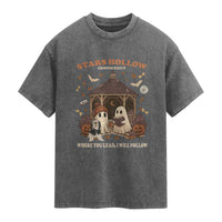 Halloween Stars Hollow Washed Cotton T-Shirt Retro Book Lover Cute Ghost Fall Pumpkin