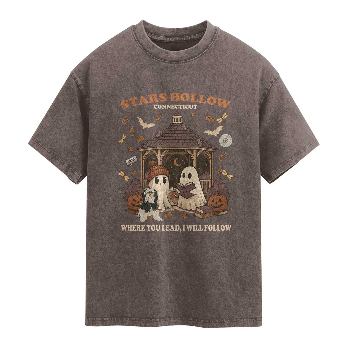 Halloween Stars Hollow Washed Cotton T-Shirt Retro Book Lover Cute Ghost Fall Pumpkin