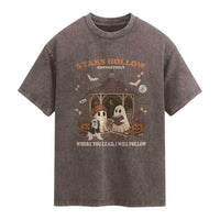Halloween Stars Hollow Washed Cotton T-Shirt Retro Book Lover Cute Ghost Fall Pumpkin