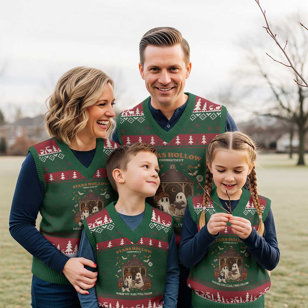 Halloween Stars Hollow V-Neck Knit Sweater Vest Retro Book Lover Cute Ghost Fall Pumpkin - Wonder Print Shop