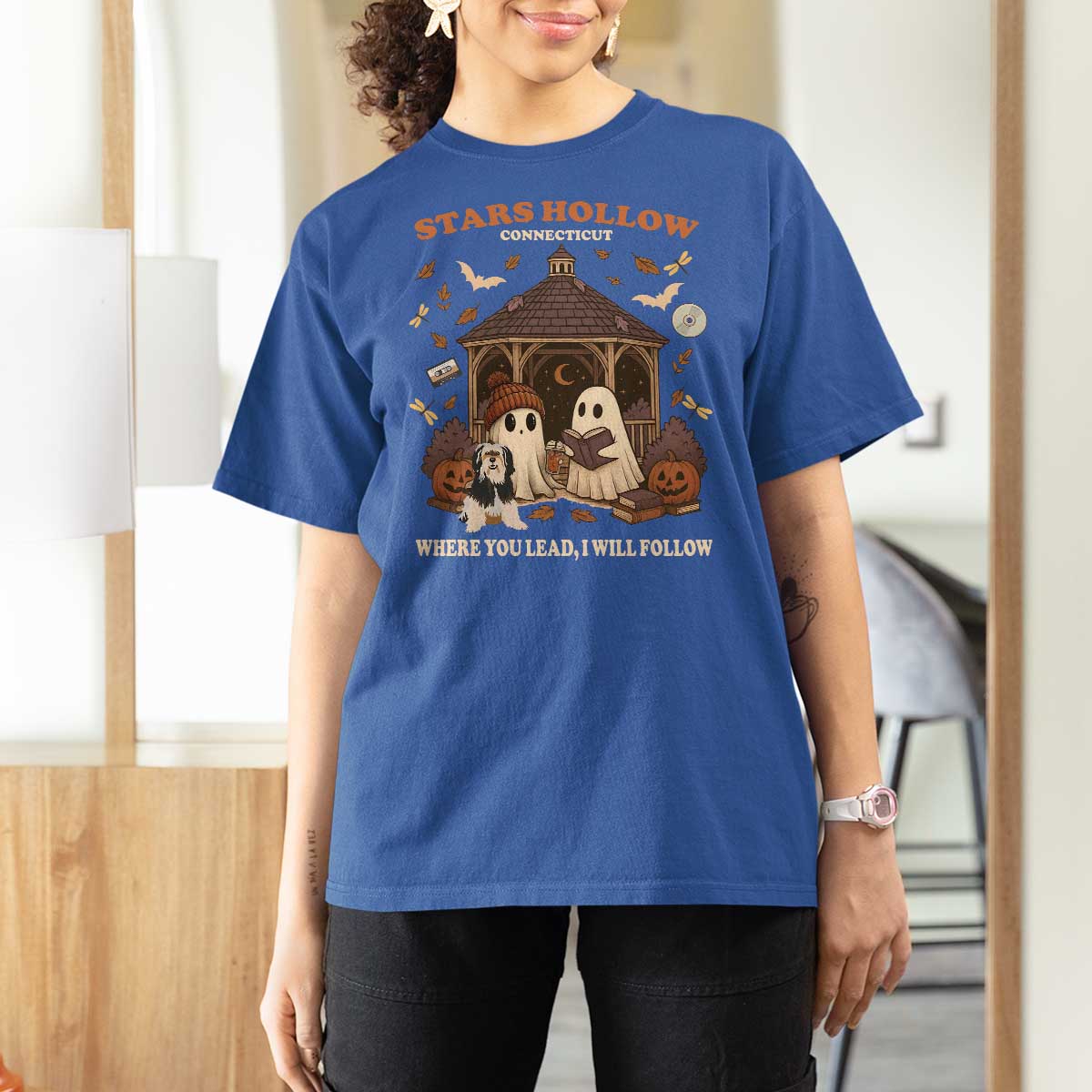 Halloween Stars Hollow T Shirt For Women Retro Book Lover Cute Ghost Fall Pumpkin TS10