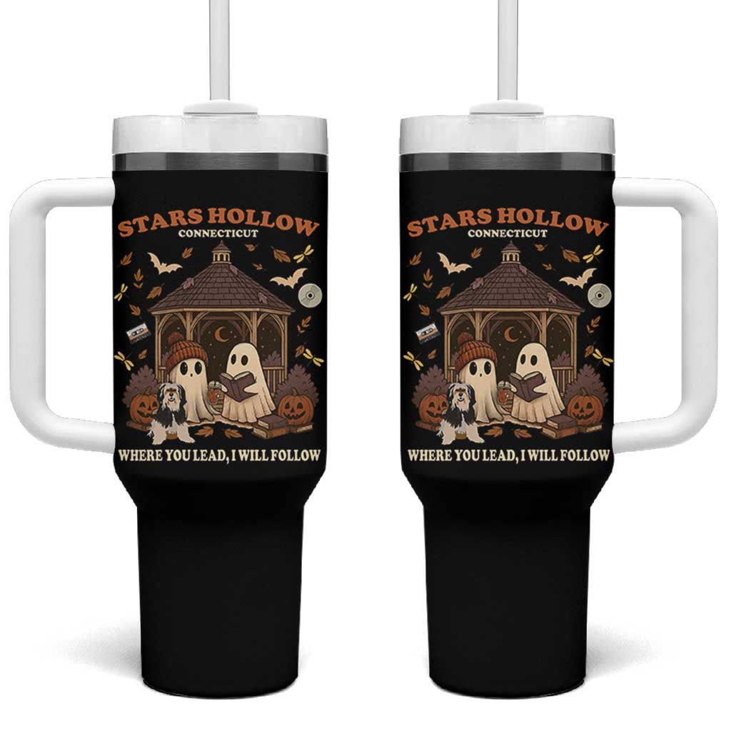 Halloween Stars Hollow Tumbler With Handle Retro Book Lover Cute Ghost Fall Pumpkin - Wonder Print Shop