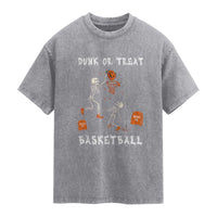 Halloween Skeleton Basketball Washed Cotton T-Shirt Funny Basketballer Sports Player