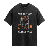Halloween Skeleton Basketball Washed Cotton T-Shirt Funny Basketballer Sports Player